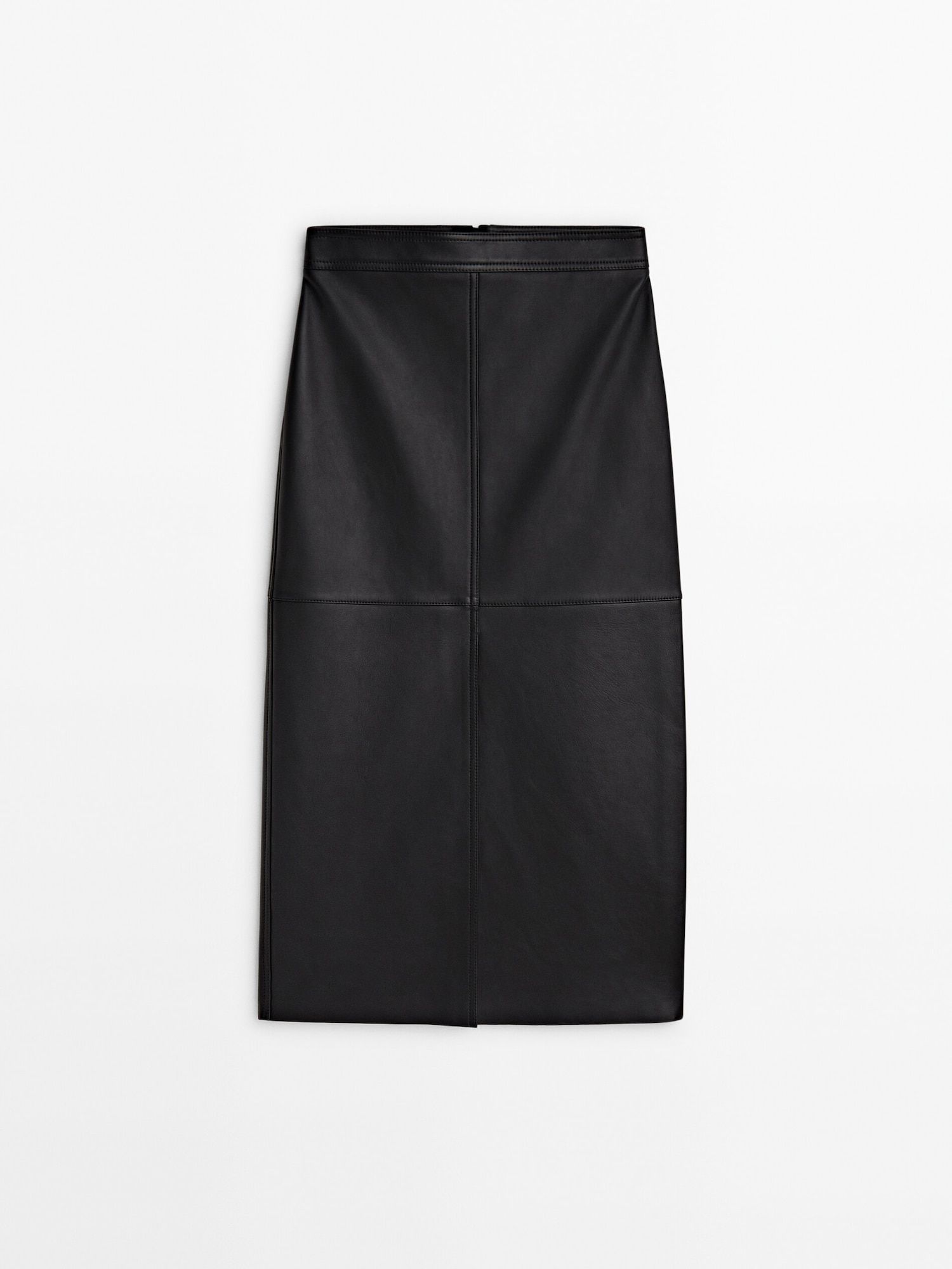 Black nappa leather midi skirt with slit | Massimo Dutti UK