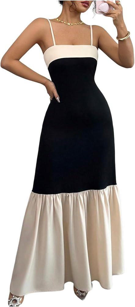 SOLY HUX Women's Color Block Ruffle Hem Maxi Dress Spaghetti Strap Elegant Long Cami Dresses | Amazon (US)