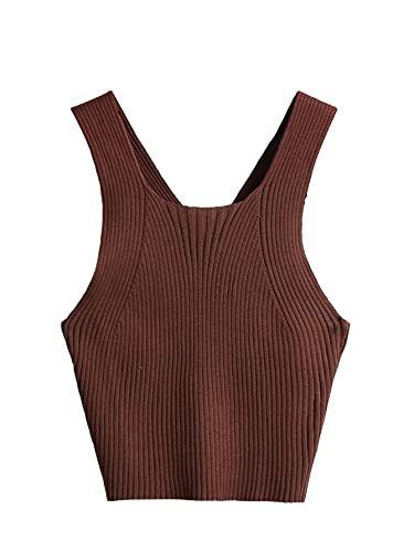 Verdusa Women's Crisscross Open Back Sleeveless Ribbed Knit Crop Tank Top Coffee Brown S | Amazon (US)