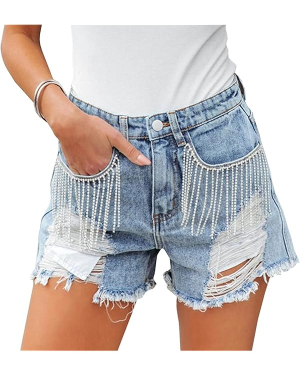 Akivide Women's Rhinestone Fringe Ripped Jean Shorts Summer High Waisted Distressed Frayed Raw He... | Amazon (US)