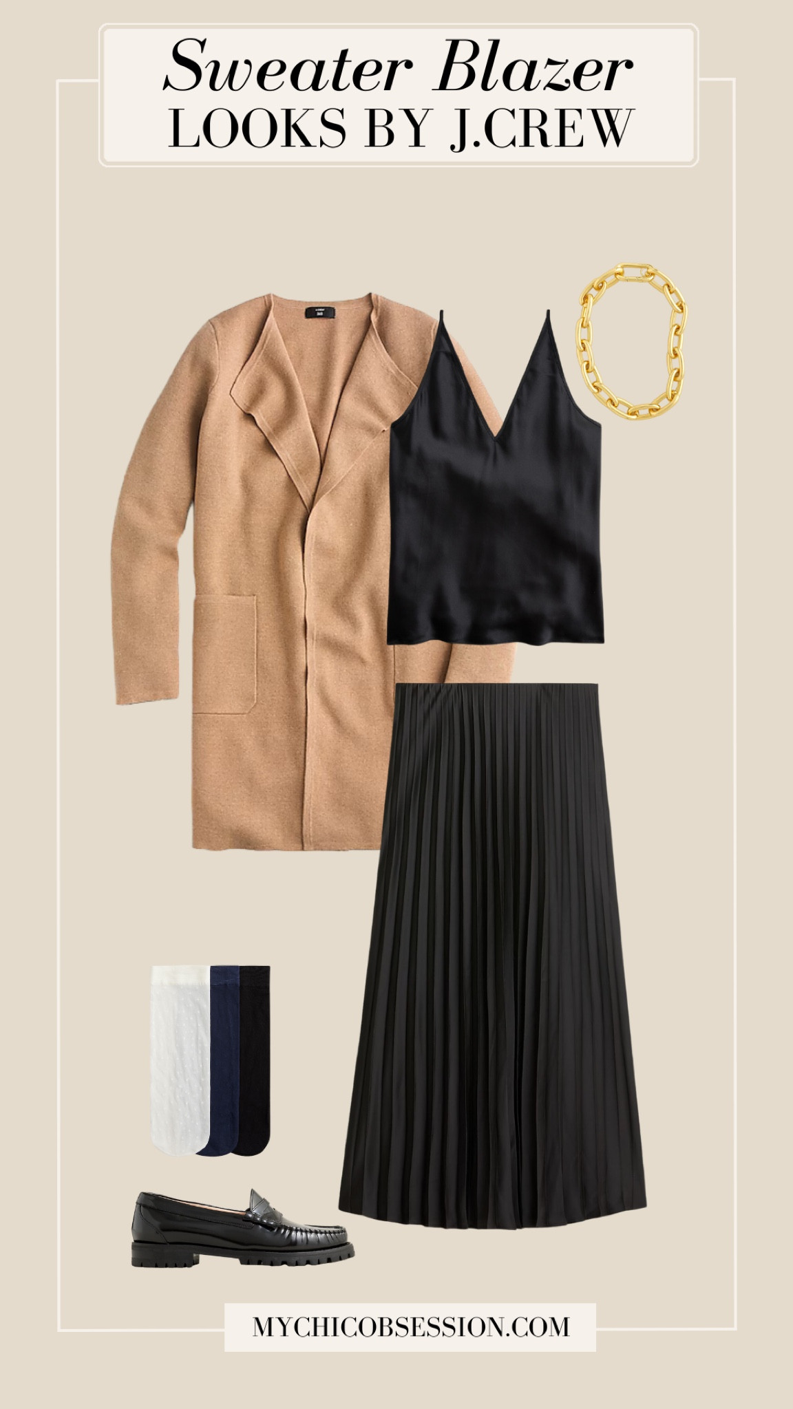 Elevate your next date night look with a pleated midi dress, satin v-neck tank top, and the J.Crew sweater blazer. Add a thick chain necklace, sheer polka dot socks, and loafers to complete the look.

#LTKShoeCrush #LTKSeasonal #LTKStyleTip
