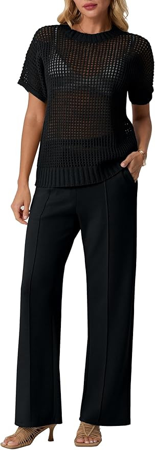 GRECERELLE 2026 Women 2 Piece Sets Crochet Sheer Knit Sweater Top & Wide Leg Pants Lounge Travel ... | Amazon (US)