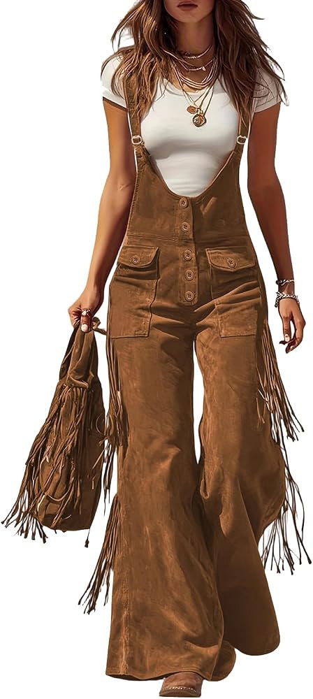 Ladies Dressy Western Suede Jumpsuits Fringe Short Sleeve Rompers Solid Color Vintage One Piece J... | Amazon (US)