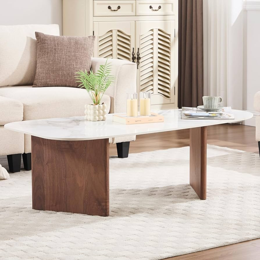 Modern Marble Coffee Table, 51” Side Table with Irregular Surfboard Shape Top Solid Wooden Base... | Amazon (US)