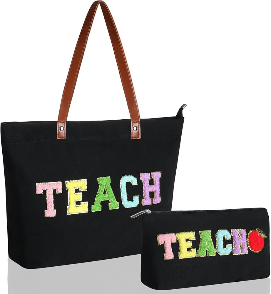 Locmeo 2 Pcs Chenille Letter Canvas Tote Bag Christmas Teacher Nurse Appreciation Gifts Set Prepp... | Amazon (US)