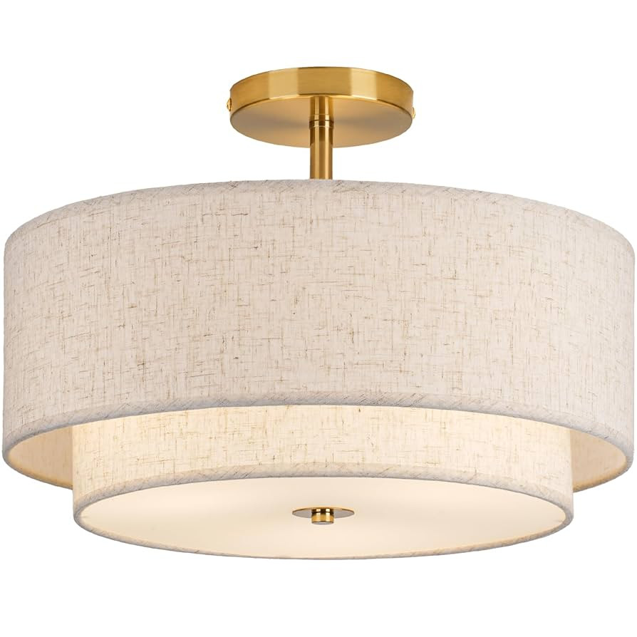 16" Double Drum Gold 3-Light Semi Flush Mount Ceiling Light, Classic Fabric Linen Shade Design fo... | Amazon (US)