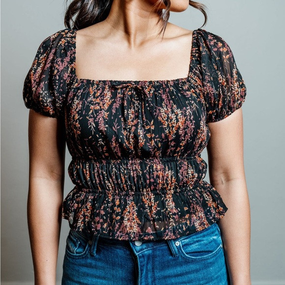 [by together] brandi floral puff sleeve metallic lurex square neck peasant top | Poshmark