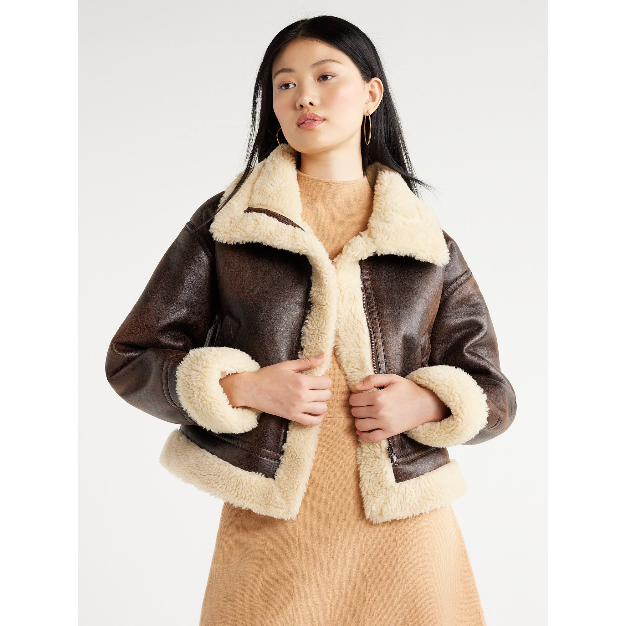 Scoop Women's Faux Suede Cropped Bomber Jacket with Faux Sherpa Lining, Sizes XS-XXL | Walmart (US)