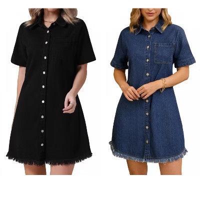 INSPIRE CHIC Women's Denim Button Front Frayed Hem Collared Short Sleeve Jean Shirt Dress 2 Packs Dark Blue/Black Medium | Target