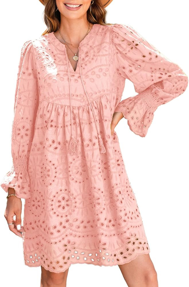 Dokotoo Womens 2024 Casual Dress Tassel V Neck Long Sleeve A Line Hollow Out Lace Ruffle Party Dr... | Amazon (US)