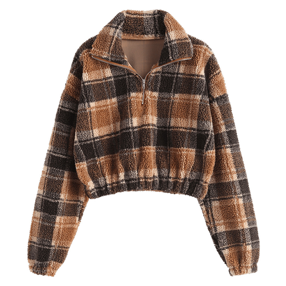 ZAFUL Women Leisure Half Zip Plaid Faux Fur Sweatshirt Multi L - Walmart.com | Walmart (US)