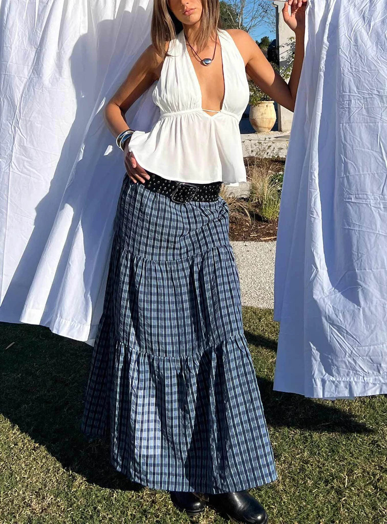 Rockwell Tiered Midi Skirt Navy Check | Princess Polly US