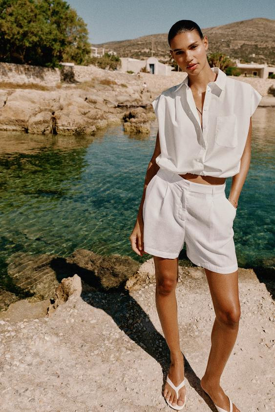 Zara - Cropped Gingham Shirt - Brown / White - M - Woman | Zara US