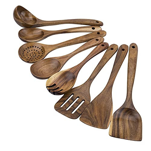 Premium 8-Piece Teak Wood Cooking Utensil Set - Heat Resistant, Lightweight & Sturdy Wooden Spoons for Non-Stick Cookware - Ideal for Cooking, Stirring & Serving | Amazon (US)