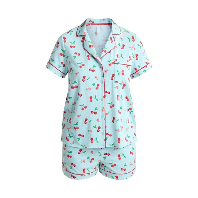 Joyspun Women’s Short Sleeve Knit Notch Collar Top and Shorts Pajama Set, 2-Piece, Sizes XS to ... | Walmart (US)