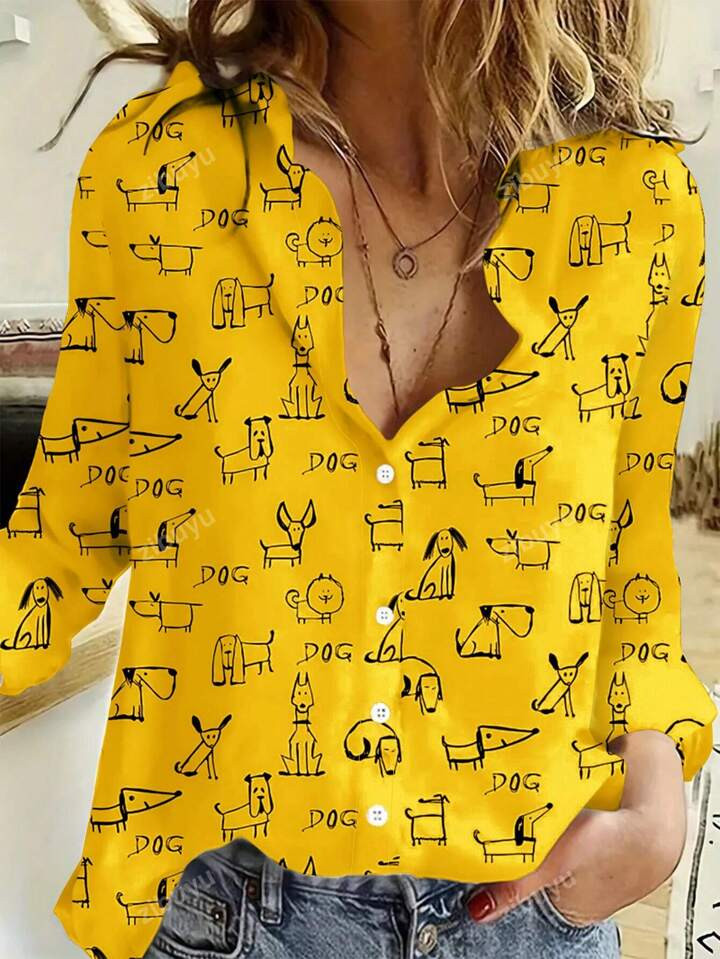 Plus Size Women's Fashionable Line Patterned Long Sleeve Shirt With Puppy Print | SHEIN