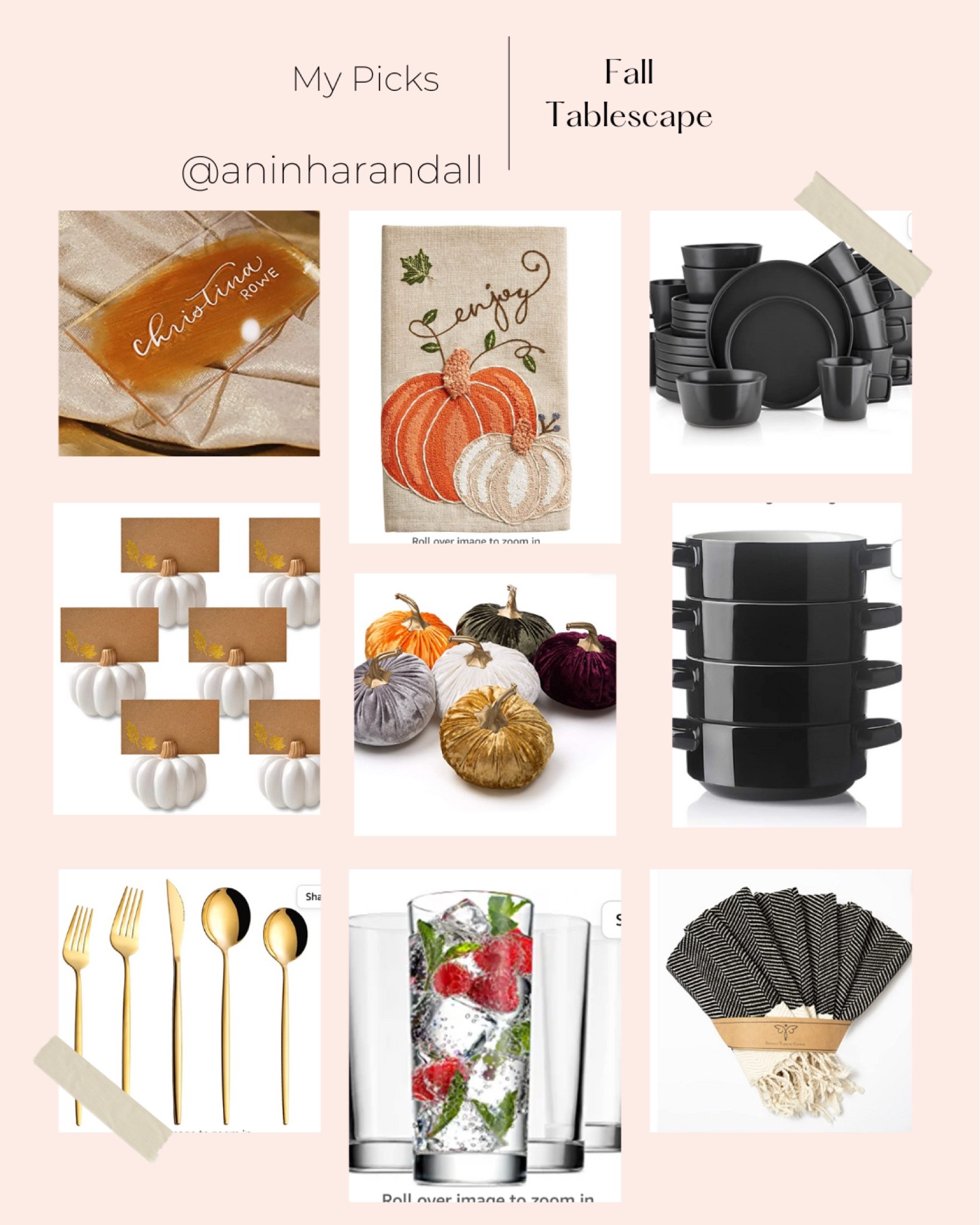 Fall tablescape, name cards, black dishes, place cards, velvet pumpkins, black bowls, gold flatware, napkins, glasses 

#LTKSeasonal #LTKhome #LTKunder100