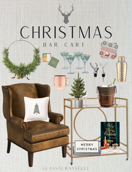 Christmas bar cart! Christmas decor, warm cozy Christmas, leather club chair, champagne bucket, classic Christmas, holiday cocktail book, wreath, target Christmas, Amazon Christmas, Christmas martini glasses, Moscow mule mug, Christmas pillow. Callie Glass 

#LTKHoliday #LTKhome #LTKSeasonal