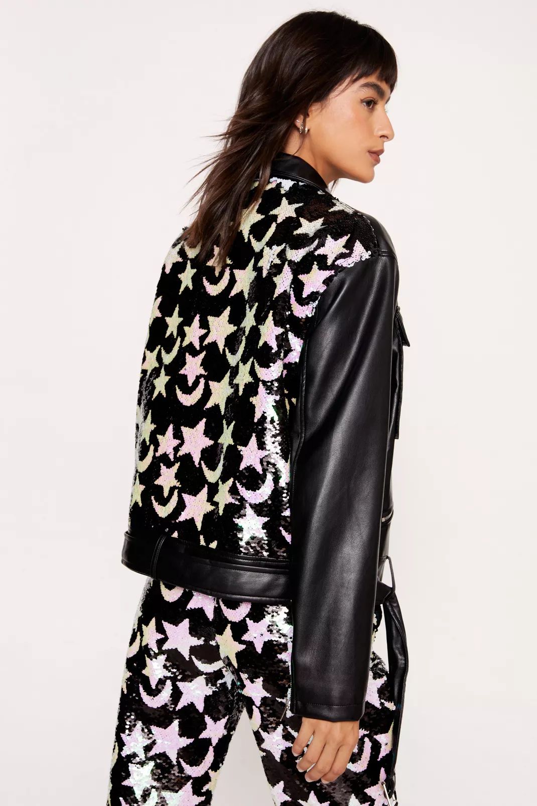 Star And Moon Two Piece Sequin Faux Leather Biker Jacket | Nasty Gal (US)