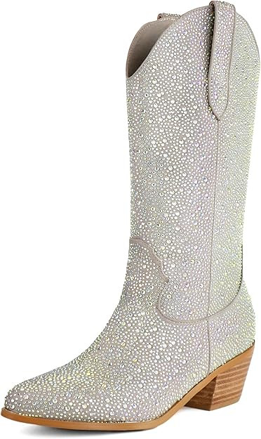 ZeniRuec Women Rhinestones Cowgirl Boot Sparkly Western Boots Wide Mid Calf Boots Chunky Block Lo... | Amazon (US)