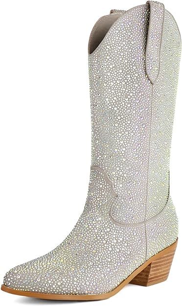 ZeniRuec Women Rhinestones Cowgirl Boot Sparkly Western Boots Wide Mid Calf Boots Chunky Block Lo... | Amazon (US)