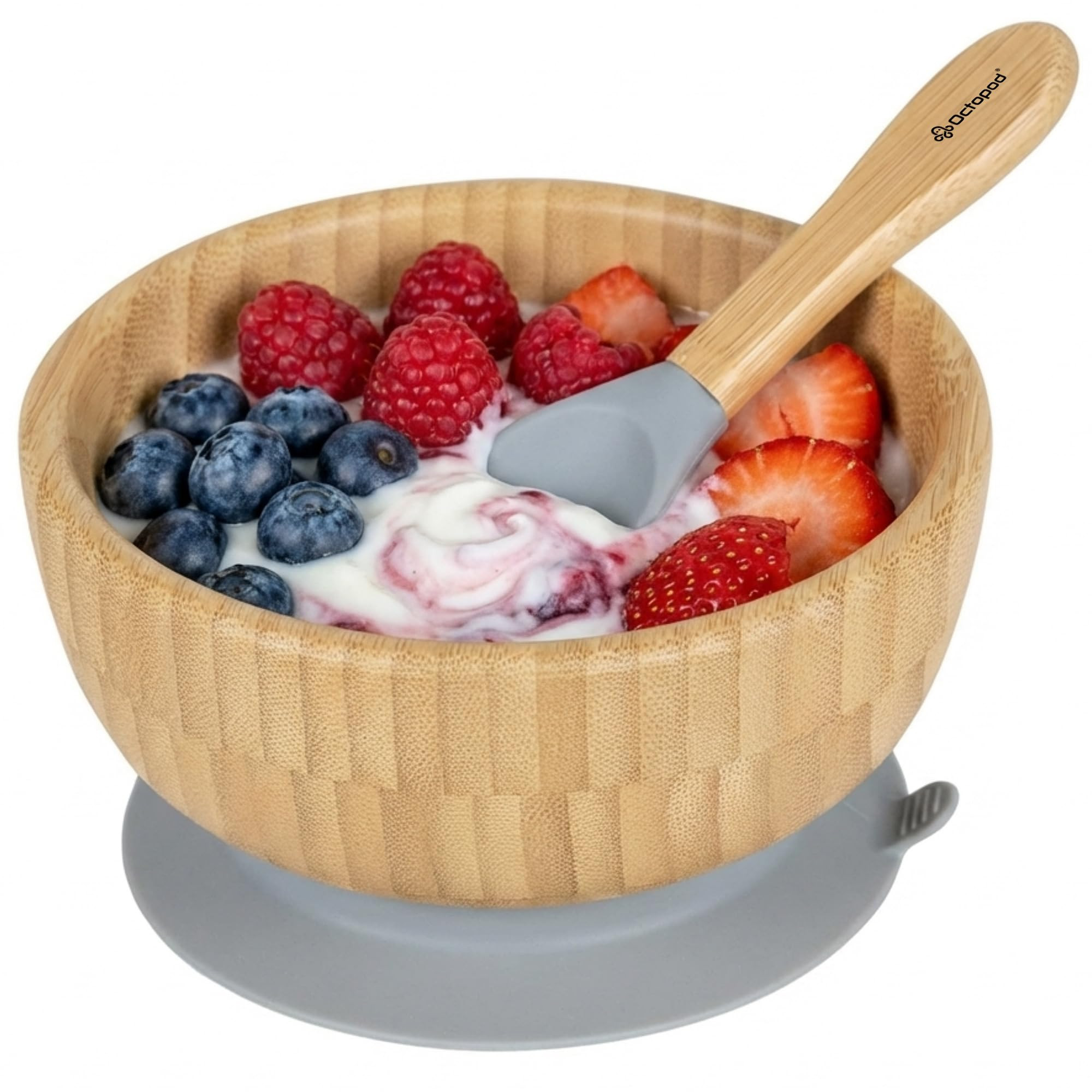 Abiie Octopod Bamboo Baby Bowl Set for 4 Months and Up – Mess-Free High Chair Suction Bowl with Spoon for Toddlers and Kids - Ergonomic Baby Feeding Essentials - 5.7" x 3" x 5.7" - Gray | Amazon (US)