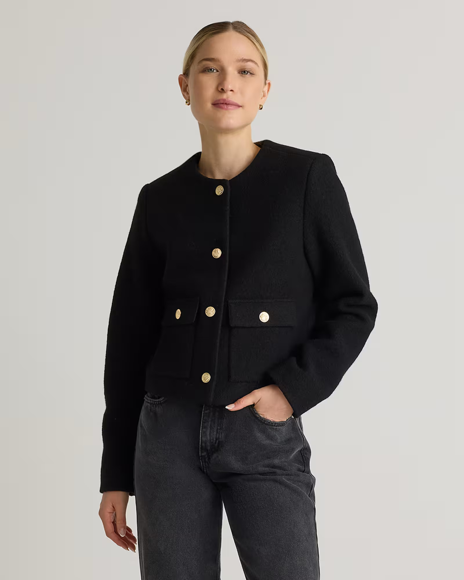 100% Merino Wool Collarless Cropped Jacket in Black | Quince