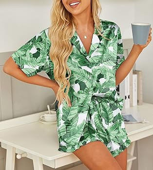 HOTOUCH Womens Satin Pajamas Set Button Down 2 Piece Silk Pjs Shorts Set Ruffle Lingerie Notch Co... | Amazon (US)