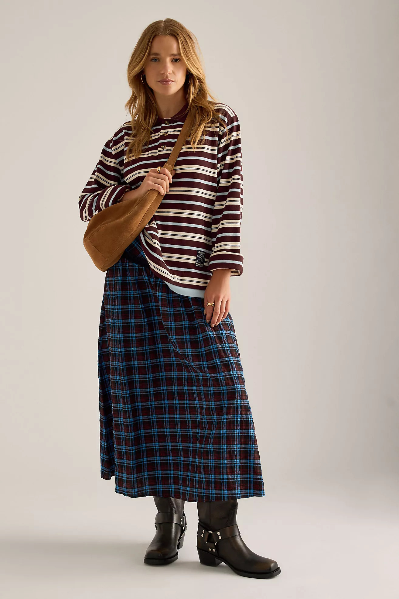By Anthropologie Asymmetric Ruffle Check Midi Skirt | Anthropologie (UK)