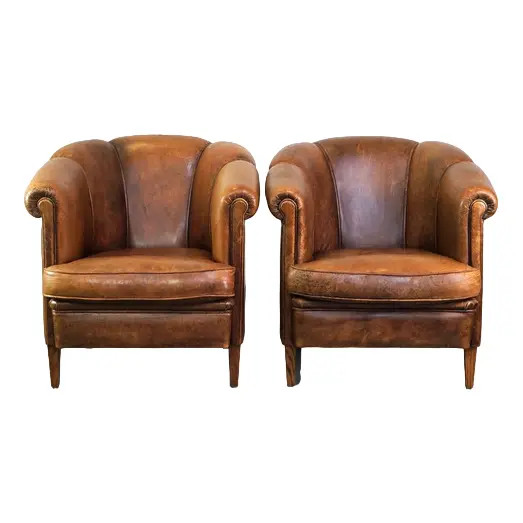 Vintage Sheep Leather Club Chairs with Armrests, Set of 2 | Chairish