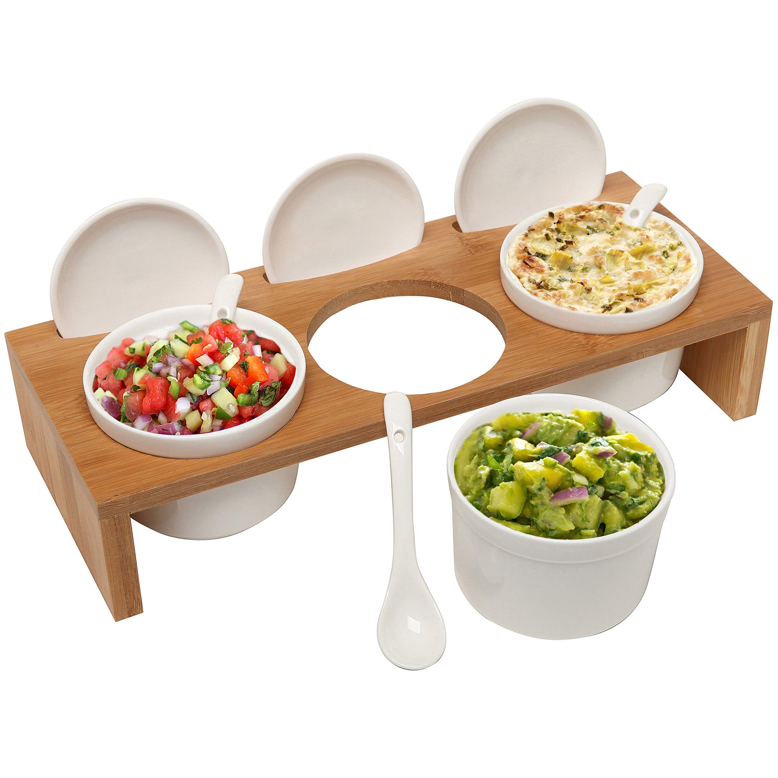 MyGift Wooden Condiment Set, Ceramic Dip Bowls, Sauce Ramekins 3 Piece Set with Lids and Spoons o... | Amazon (US)