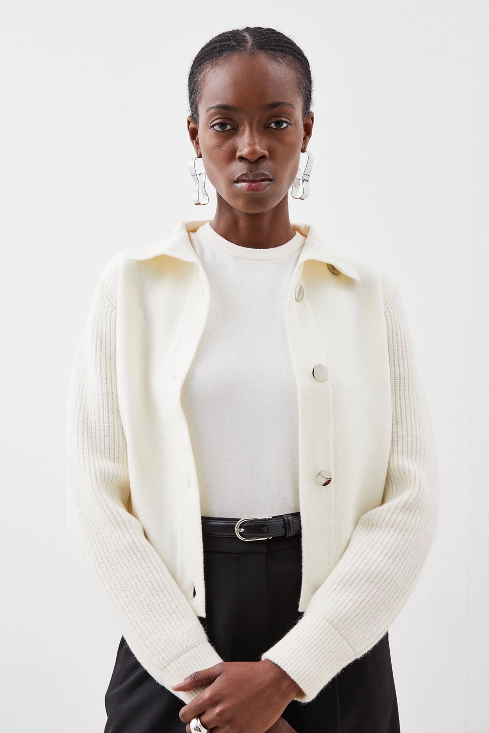 Compact Wool Blend Contrast Knit Sleeve Jacket | Karen Millen UK + IE + DE + NL