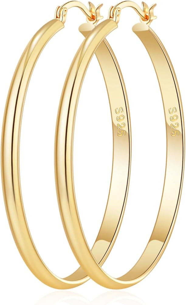 OOOPEL 3mm Wide Large Gold/Silver Hoop Earrings Sterling Silver Hoop Earrings For Women Big Gold ... | Amazon (US)