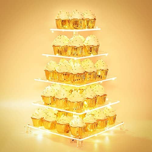 5 Tiers Cupcake Display Stand with Gold Led String Lights, Clear Acrylic Cup Cake Holder Dessert ... | Amazon (US)