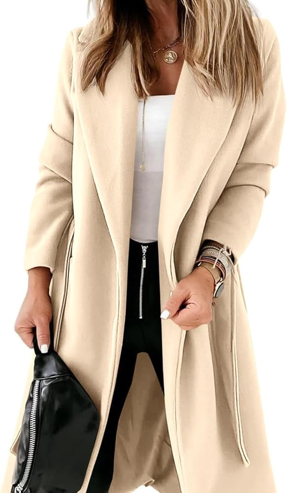 Womens Classic Coat Lapel Collar Open Front Belted Long Jacket | Amazon (US)