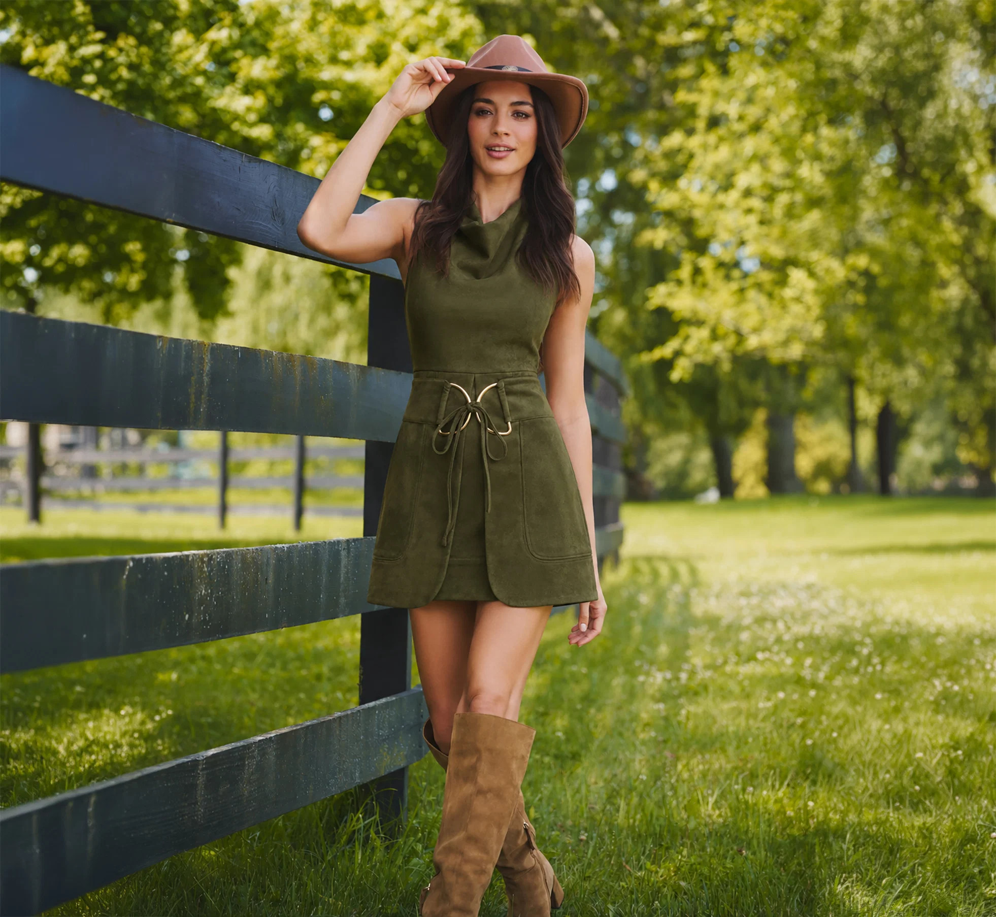 Microsuede Cowl Neck Tie Front Mini Dress In Olive | Adrianna Papell