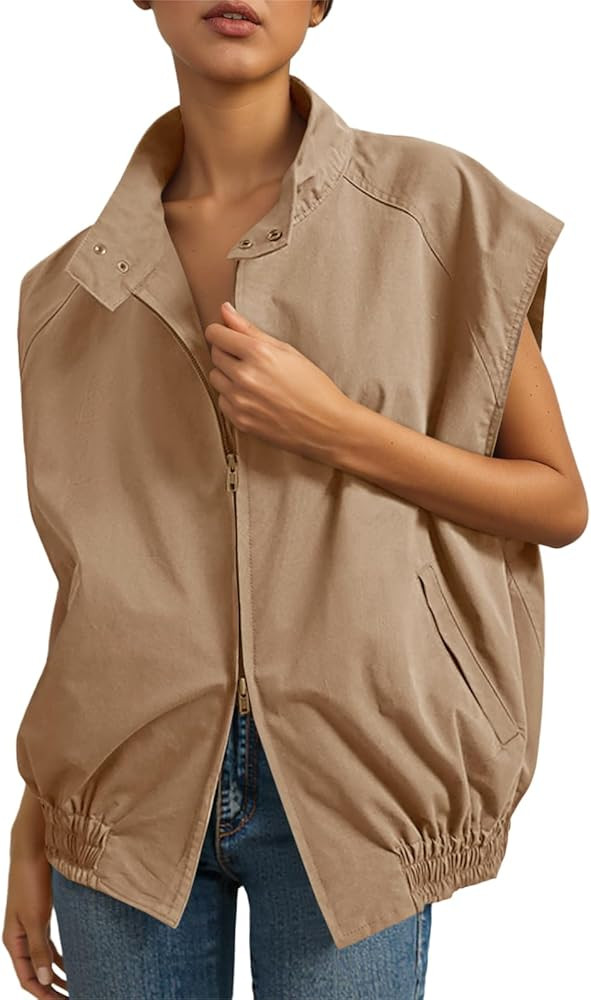 Tankaneo Womens Oversized Vest Tops Lightweight Zip Up Cap Sleeve Snap Stand Collar Military Jack... | Amazon (US)