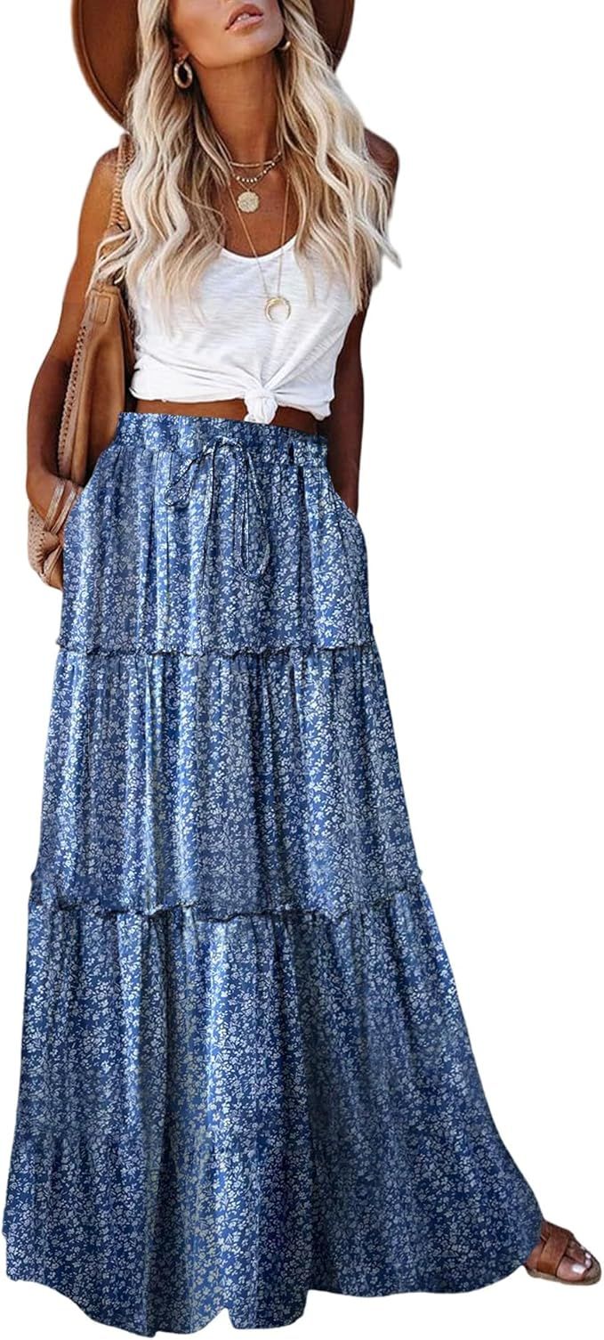 EARKOHA Womens Casual High Waist Tiered Paisley Print Long Maxi Skirt with Pockets | Amazon (US)