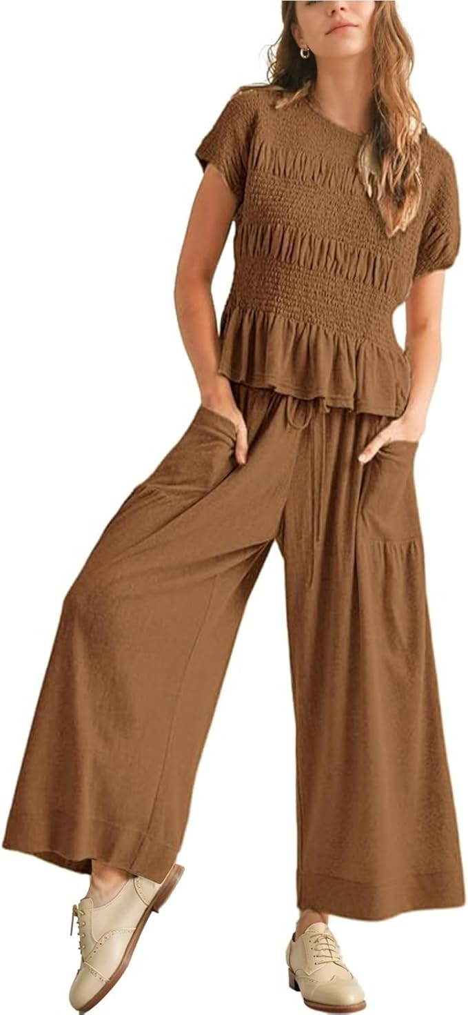 2 Piece Sets for Women summer Lounge Sets Crew Neck Tops Wide Leg Pants Cotton Comfy Beach Vacati... | Amazon (US)