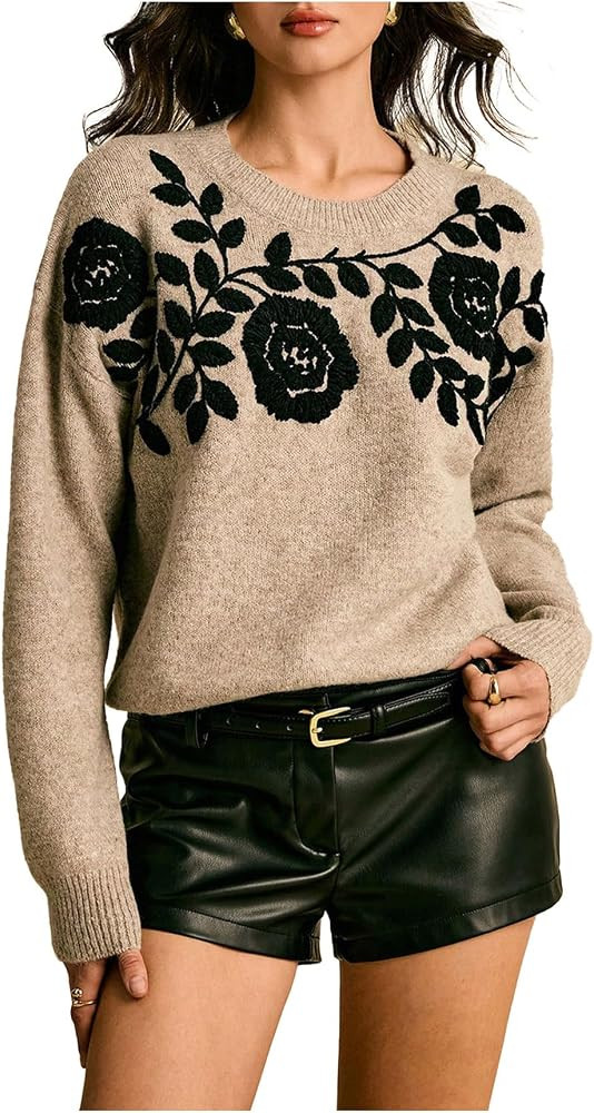 Verdusa Women's Boho Vintage Sweaters Floral Embroidery Fall Sweater | Amazon (US)