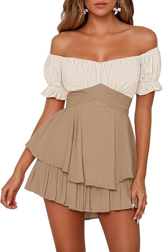 Fixmatti Women's Color Block Romper Off The Shoulder Short Sleeve Ruffle Jumpsuits Playsuit | Amazon (US)