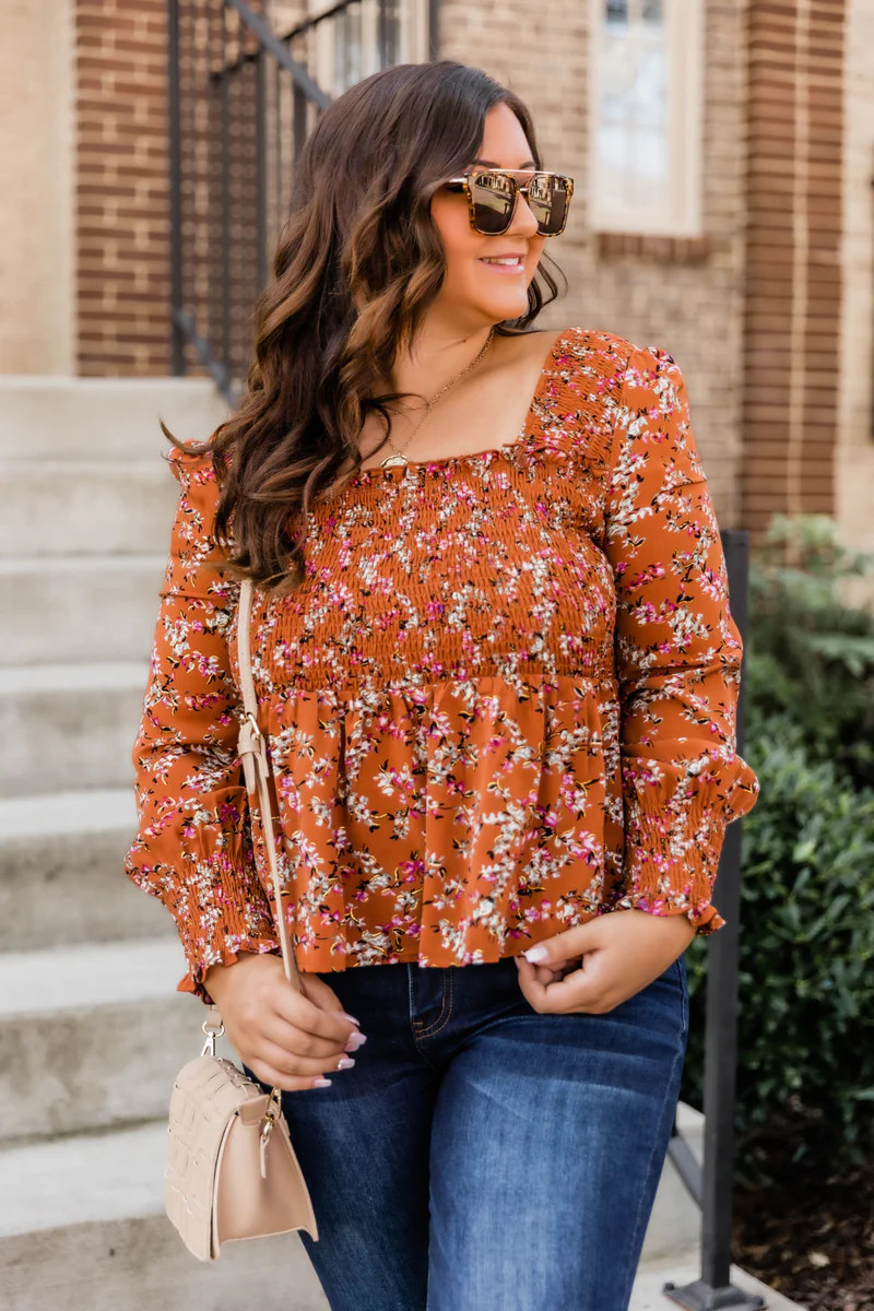 Floral Visions Smocked Rust Blouse | The Pink Lily Boutique