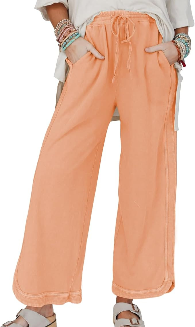 Hixiaohe Women's Casual Wide Leg Sweatpants High Waist Baggy Acid Wash Pants Drawstring Athletic ... | Amazon (US)