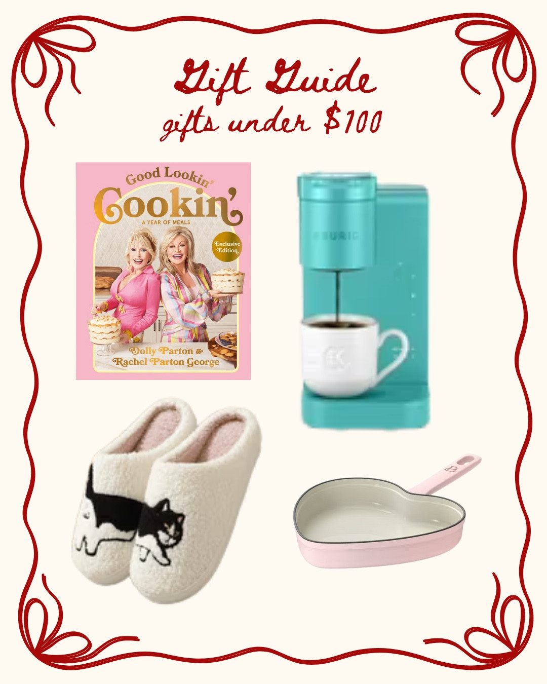 Gifts under $100, cat slippers, keurig, cook book, cast iron heart pan 

#LTKFindsUnder100 #LTKHoliday #LTKGiftGuide
