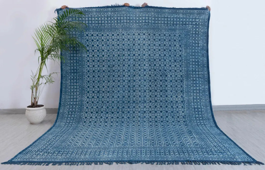 Blue Indigo Block Print Hand Woven Cotton Flatweave Kilim Rug, Boho Blue Rug...#aa-7 - Etsy | Etsy (US)