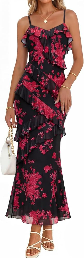 MEROKEETY Women's Floral Maxi Dress 2026 Summer Beach Spaghetti Strap Ruffle Bodycon Wedding Gues... | Amazon (US)