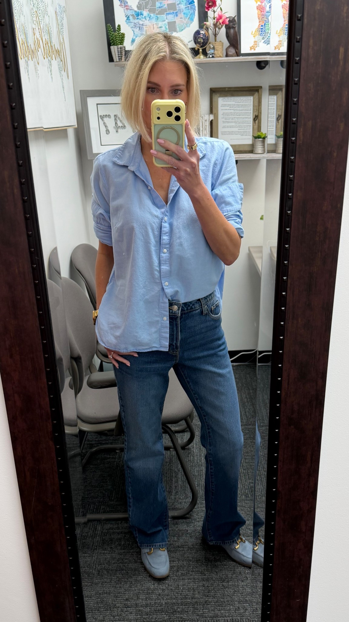 Bootcut jeans, a button down and loafers are always a win! 👏🏼👏🏼

My Jeans are from Free Assembly found at Walmart. I believe they’re sold so I’ll link something similar. 

My button down is older from Old Navy, but I’ve found other options. 

My loafers are from Walmart.  

#LTKootd #LTKOver40