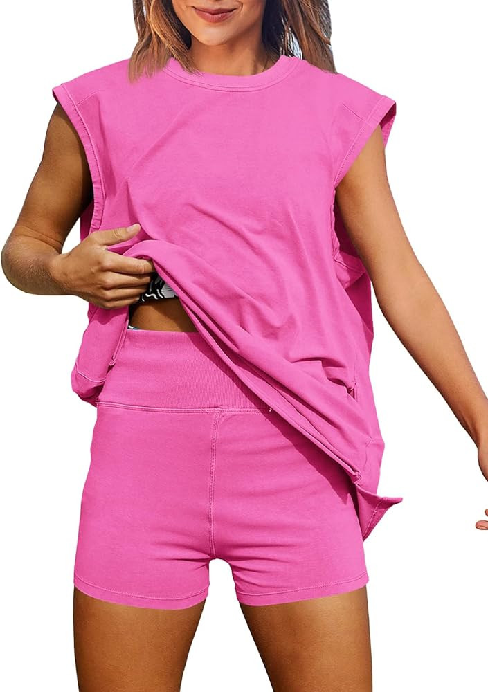 Fisoew Womens Summer 2 Piece Outfits Casual Short Sleeve Slit Tunic Tops High Waisted Shorts Work... | Amazon (US)