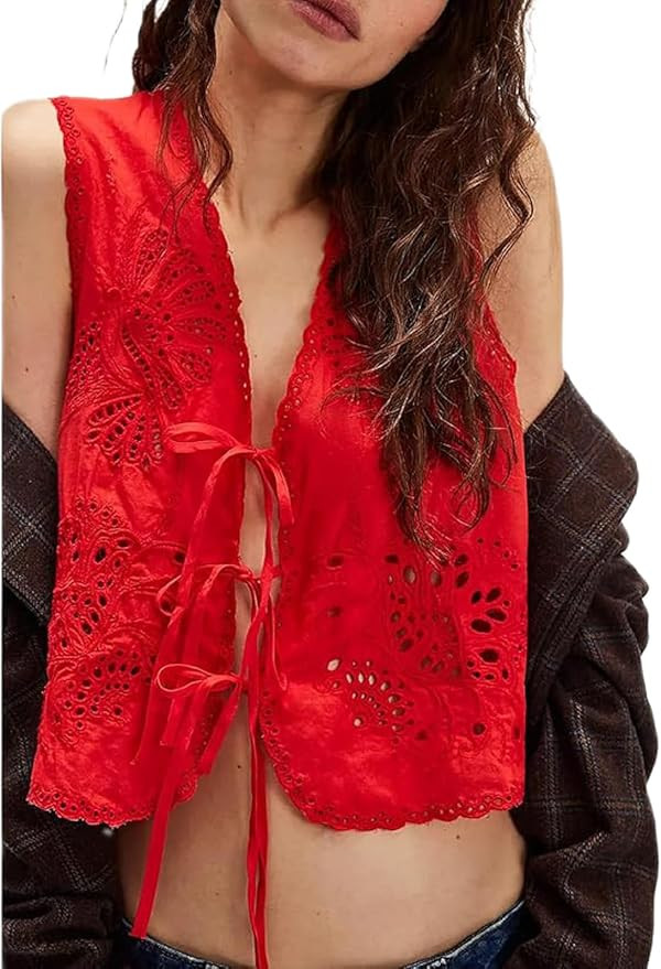 Women Tie Front Vest Eyelet Embroidered Tank Top Y2k Sleeveless Floral V Neck Crop Shirt Cute Sum... | Amazon (US)