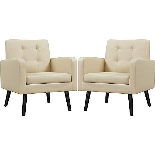 Yaheetech Mid-Century Accent Chairs, PU Leather Modern Upholstered Living Room Chair, Cozy Armchair Button Tufted Back and Wood Legs for Bedroom/Office/Cafe Beige 2PCS | Amazon (US)
